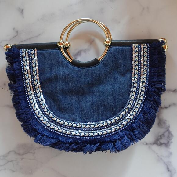 Vince Camuto Elia Fringe Denim Satchel Blue Ink Boho Leather Gold Bracelet Bag - Picture 2 of 13